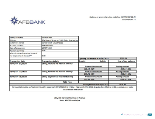 Download Azerbaijan Afbbank bank statement excel Photoshop template